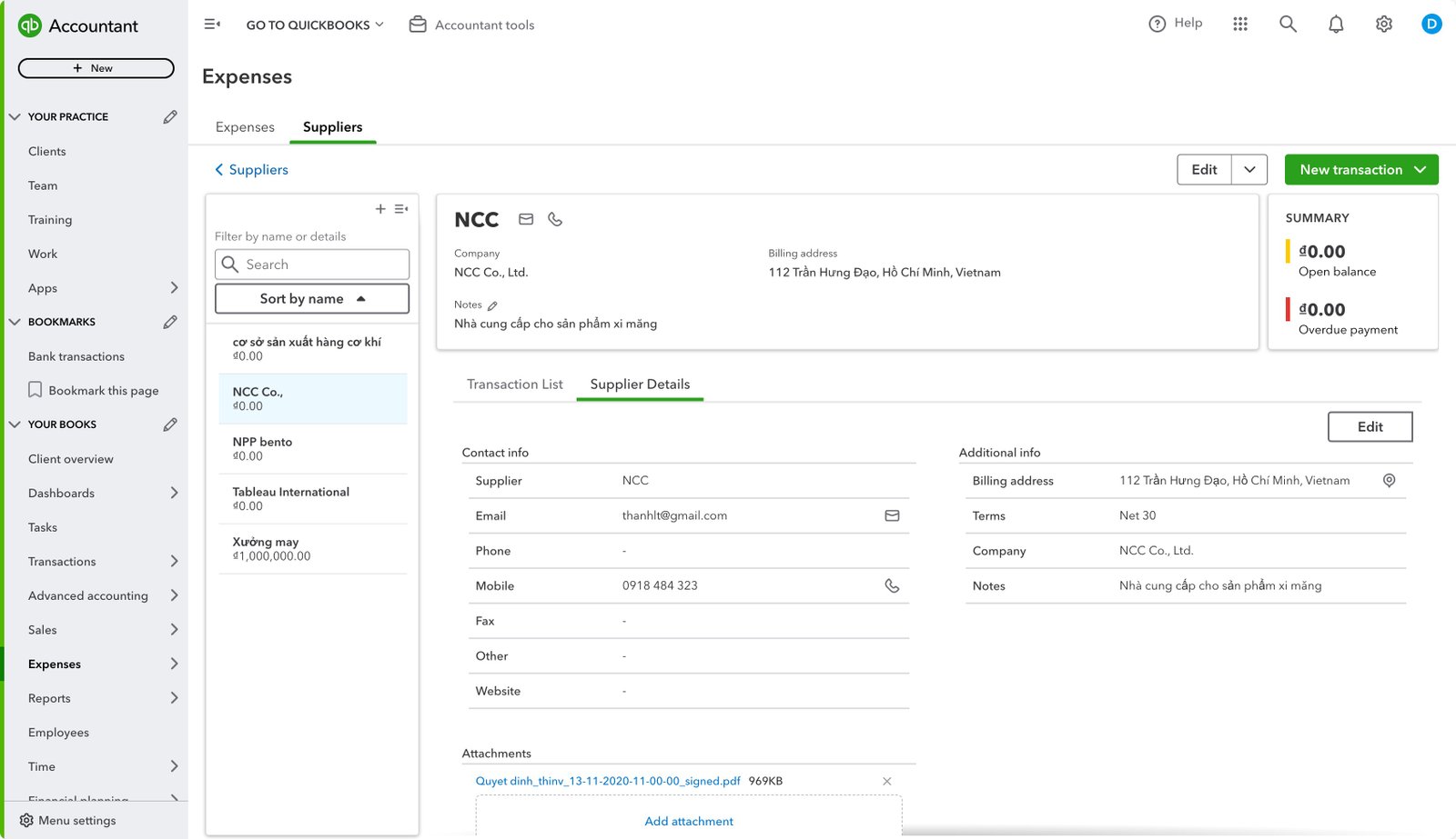 Thông tin nhà cung cấp trong Quickbook