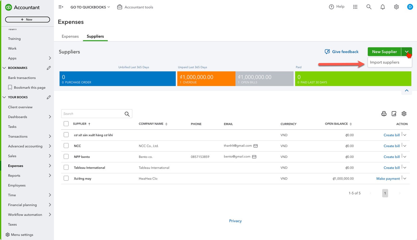 Import danh sách NCC vào Quickbooks